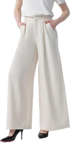 Tronjori Women High Waist Casual Wide Leg Long Palazzo Pants Trousers Regular Size(S, Beige Short)