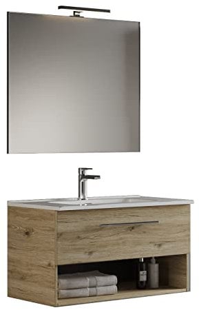 MaMa Store GEA2 60 - Mobile Bagno Sospeso 60 CM Cassetto e Vano a Giorno Bianco Lucido Laccato con Lavabo, Specchio e Lampada LED, L.62 X P.46 X H.45 cm