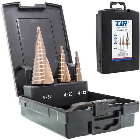 TJR Juego de brocas escalonadas HSS-E M35, 3 piezas, ranura de 2 espirales con un total de 29 tamaños para una perforación más rápida en acero inoxidable, metales no ferrosos, madera y plásticos