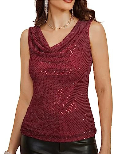 Damen Fashion Sexy Wasserfall Ausschnitt Ärmellose Bluse Sommer V-Ausschnitt Glänzendes Pailletten Top Rotwein L