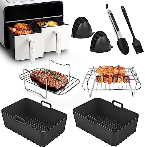 Yeeammk Air Fryer Accessories, 2 Pcs Silicone Reusable Liners for Ninja Dual&Tower Dual Fryer, Racks with 4 Skewers, Oil Brush, Food Tongs & Gloves, Black