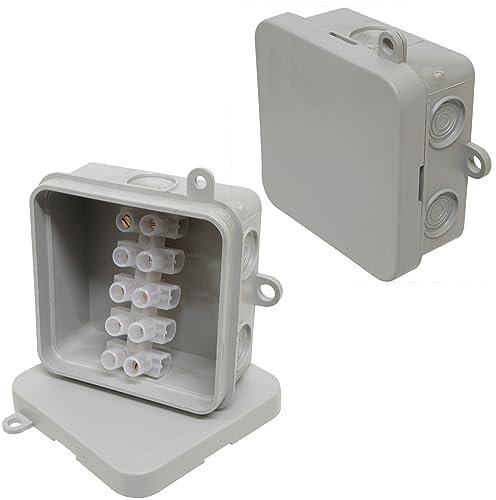 2x IP44 Junction Box with Push on Lid and 15A 5 Way Strip Connector for Electrical Wiring and Lighting - Indoor or Outdoor - 65mm