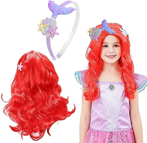 HIFOT 2 Stücke Cosplay Perücke Rot Meerjungfrau Perücke Damen mit Muschel Meerjungfrau Haarreif Mädchen, Arielle Perücke Lang Locken für Kinder Halloween Karneval Geburtstag Fasching
