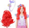 HIFOT 2 Stücke Cosplay Perücke Rot Meerjungfrau Perücke Damen mit Muschel Meerjungfrau Haarreif Mädchen, Arielle Perücke Lang Locken für Kinder Halloween Karneval Geburtstag Fasching
