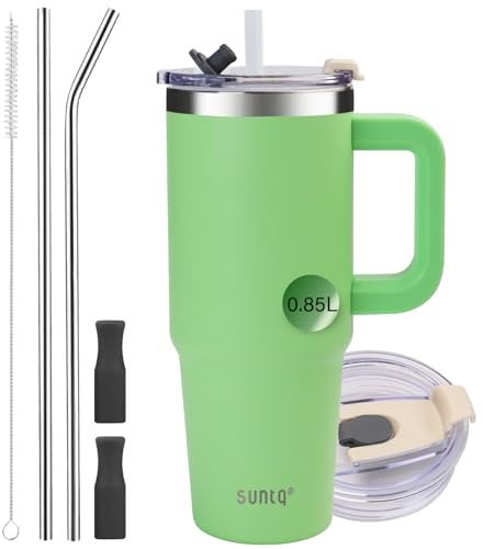 30oz Tumbler with Handle, Double Wall Vacuum Insulated Water Bottle with Straw and Lid, Stainless Steel Travel Coffee Mug, Reusable Thermal Cup for Beverages, Fit in Cup Holder(Green)