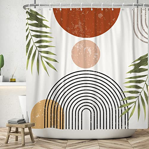 ASDCXZ Rideau de Douche Boho 180x180 cm, Art Abstrait Moderne Style Boho Soleil Feuilles Vertes Blanc Lavables Textile Rideau de Bain imperméable pour Baignoire avec 12 Crochets