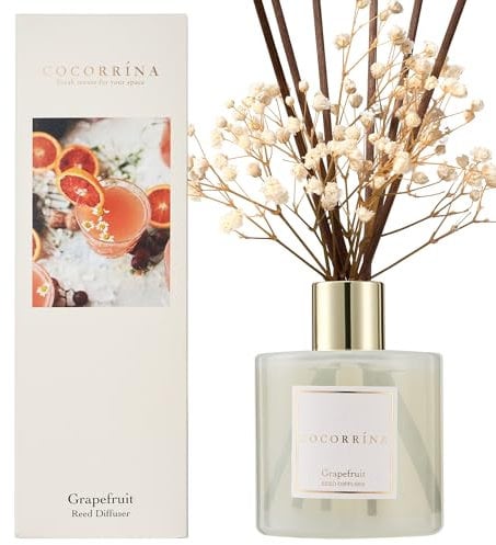 COCORRÍNA Raumduft Reed Diffuser mit 8 Duftstäbchen 200ml- Grapefruit, Natürlich, Langanhaltend, Home Duft ätherisches Öl Reed Diffusor für Badezimmer Regal Dekoration