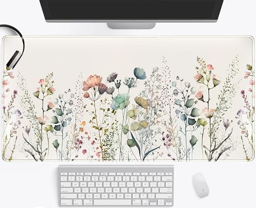 Schreibtischunterlage mit Blumenmuster, Beige, Boho-Schreibtischunterlage, großes erweiterbares Mauspad, XXL, niedliche minimalistische Blumen, Tastaturmatte, ästhetische Schreibtischmatte, Laptop,