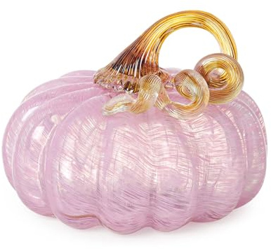 LONGWIN Hand Blown Glass Pink Pumpkin Figurines 5.2 x 3.7 Inch Crystal Fake Pumpkin Home Decor Collectible Figurine Home Decorations for Tabletop Halloween Thanksgiving