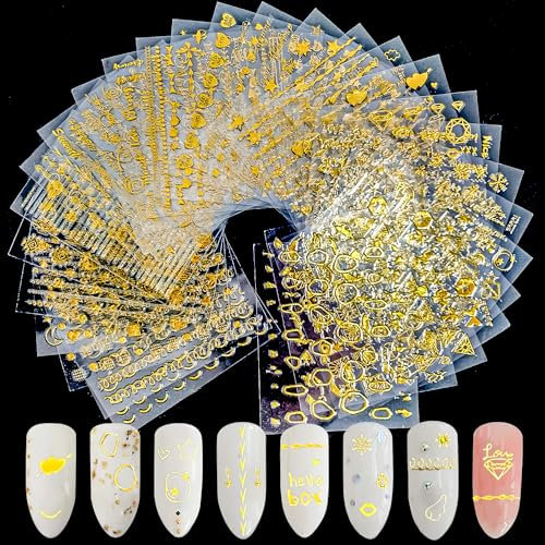 CHANGAR 30 Sheets Gold Nail Art Stickers - 3D Self-Adhesive Decals With Star, Snowflake, Geometry Line Patterns - Multi Theme Designs for Women Girls Art Decorations