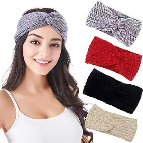4 Pcs Winter Knit Headbands Women Ear Warmer Knitted Thermal Twist Headband for Girls Head Wrap Make-Up Yoga Sports Shopping Skiing Running (A)
