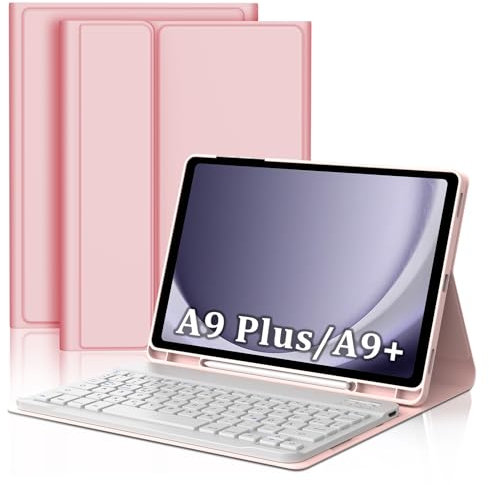 FOGARI Tastatur Hülle für Samsung Galaxy Tab A9 Plus 2023 11 Zoll Tablet - Tastatur für Samsung Galaxy Tab A9+ 11 Zoll,Schutzhülle mit Pencil Halter, Abnehmbarer Tastatur QWERTZ Layout - Rosa