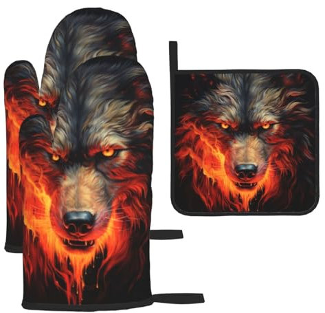 Red Wolf and Fire Ofenhandschuhe und Topflappen, Grillhandschuhe und Halter zum Kochen, Backen (3-teiliges Set)