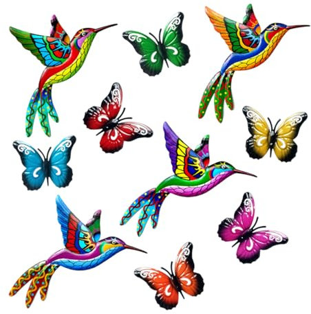 Tsilin Metal Garden Decor Set With 4 Pcs Metal Hummingbirds 6 Pcs Metal Butterflies Statues Wall Decor Wall Art Hanging Sculptures For Home Bedroom Outdoor Backyard Porch Tree Fence Decorations