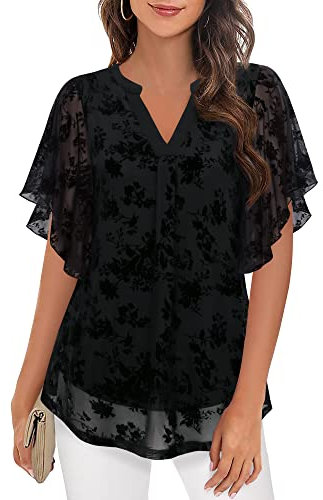 Vafoly Camicia da donna, elegante, a maniche corte, estiva, con scollo a V, in rete, con fiori, a doppio strato, Nero floccato, XXL
