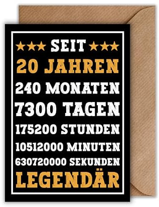 WBdesignz 20 Geburtstag Karte mit Umschlag - Geburtstagskarte 20 Jahre “Seit 20 Jahren Legendär” Glückwunschkarte Geschenkkarte zum 20ten Geburtstag Happy Birthday Karte (DIN A6)
