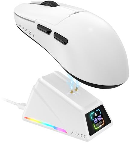 AJAZZ AJ159 APEX 8K Kabellose Gaming-Maus, Magnetische Ladestation mit Screen, Pixart PAW3950 Sensor, Bis zu 42000 DPI, 56g Ultraleicht, 100M Klicks HUANO-Schalter, Tri-Mode Mäuse, für PC/MAC (Weiß)