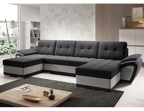 Easy4You ENZO Schwarz/Hellgrau Ecksofa U-Form 336 x 97 x 157 cm mit Schlaffunktion und Stauraum - Schlafsofa mit Bettkasten - Moderne Wohnzimmermöbel – Stoff: SORO 100 + SORO 83