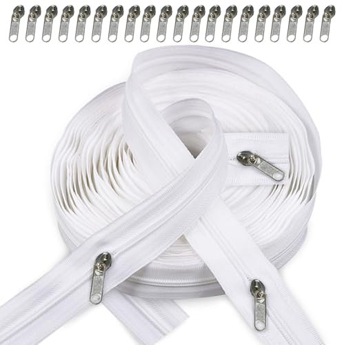 Zamety Cerniere Lampo Infinita con Cursori, Cursori per Cerniere Lampo, 10m Nylon Cerniere Lampo a Metro, 20 Metallo Zip Cerniera, 4mm Bianco Cerniera Lampo per Biancheria da Letto, Abiti, Borse