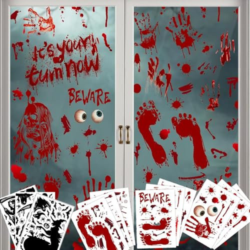 Kaizuca Halloween Blutige Fensteraufkleber, 12 Stück Blutstains Horror PVC Aufkleber, Wiederverwendbare Fenster- und Wanddekoration für Halloween