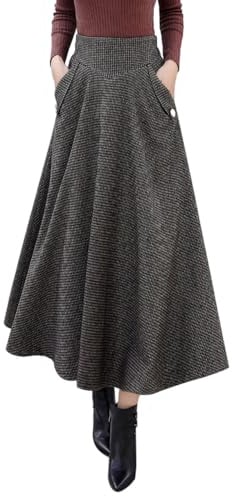 Faltenrock Damen Winter Wolle Rock Lang Vintage Hohe Taille Elastische A-Linie Tartan Glockenrock Trachtenrock