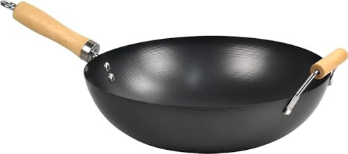 LAVV HOUSEWARES LTD Non Stick Carbon Steel Flat Bottom Stir Fry Wok with Wooden Handle (32cm, Long Handle)