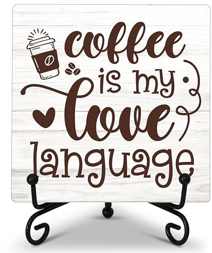 Cazhes Kaffee-Bar-Dekoration, Kaffeestation-Zubehör, Kaffee ist meine Liebessprache, weißes Holzschild mit Eisenständer für Zuhause, Kaffee, Eck-Tischregal, Dekor – F13