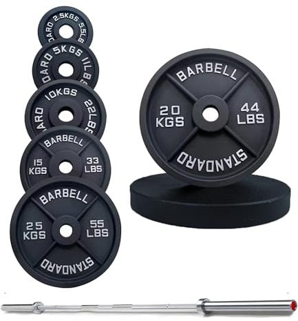 Strongway® Olympic 50KG 70KG 100KG Weight Plates Sets with 6FT 7FT Barbell - 2 Inch (2) / 50mm Hole - Cast Iron Weight Lifting Bar (100KG SET + 6FT BAR)