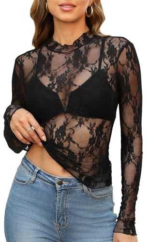 OFEEFAN Black Mesh Tops for Women Plus Size Blouses Fashion Floral Long Sleeve Top Lace Sheer Shirts Black Floral 3XL