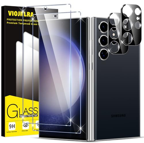 Viojrlra Protector Pantalla para Samsung Galaxy S23 Ultra, 2 x Cristal Templado con 2 x Protector Camara, Libre de Burbujas, Anti Arañazos, Cristal Dureza 9H, Fácil de instalar