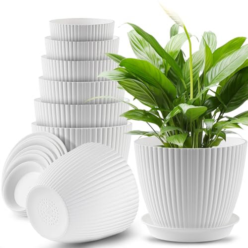 Plastic Plant Pots Outdoor,Indoor Plant Pots Set of 7 Sizes (18/16.5/15.5/14/13/11.5/10cm) with Drainage Holes & Trays - Perfect for Various Houseplants and Garden Plant