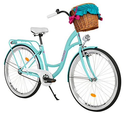 MILORD Damenfahrrad Citybike Komfort Mit Weidenkorb Vintage Fahrrad, 26, 28 Zoll, 1-Gang (Blau, 26 Zoll)
