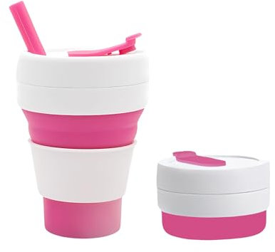 Portable Reusable Collapsible Silicone Coffee Cup with Lid - 16oz / 450ml Leakproof Travel Mug for Hot and Cold Drinks - Perfect for Camping, Hiking, and Office Use - Dishwasher Safe (Pink)