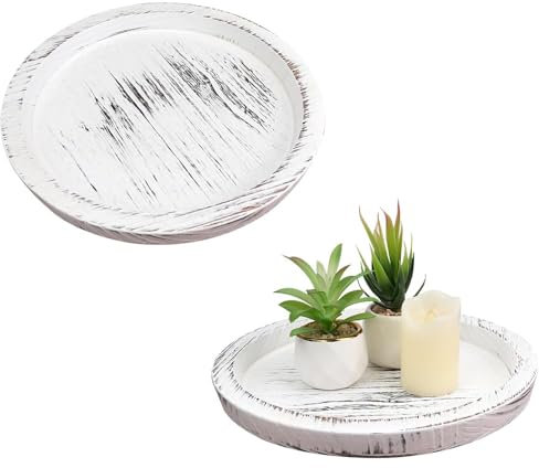Mulaibdin 2 Piezas Bandeja Decorativa, Bandeja de Madera Redonda, Vintage Placa de la Vela Velas Pilar, Bandeja de Servir para la Decoración de la Mesa y Mesa de Café (Blanco)