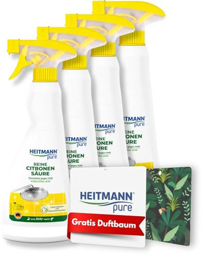 HEITMANN pure Reine Citronensäure | Leistungsstarkes Entkalker-Spray für Küche & Bad | Lebensmittelsauber | Entfernt Kalk & Verfärbungen auf Oberflächen & Armaturen | 4 x 500 ml + GRATIS Duftbaum