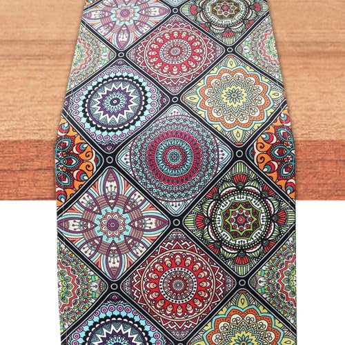 APOMOONS Tischläufer Boho Vintage Geometrie, Boho Tischläufer Bunt aus Leinen, Orientalische Tischdecke Läufer, Marokkanische Tischdecke für Restaurants Hochzeiten Partys Feste, 33 × 183cm