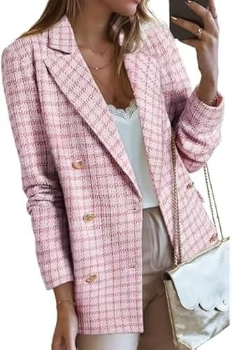 FM2018XSL Vestes en tweed pour femme, veste ouverte sur le devant, plaid en tweed sude, veste décontractée à manches longues, blazer avec poches, manteau élégant