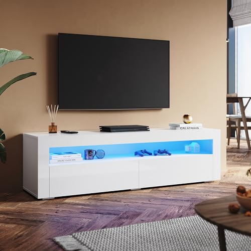 SUNXURY Mueble para TV (160 cm, con iluminación LED, 160 x 40 x 45 cm), color blanco brillante