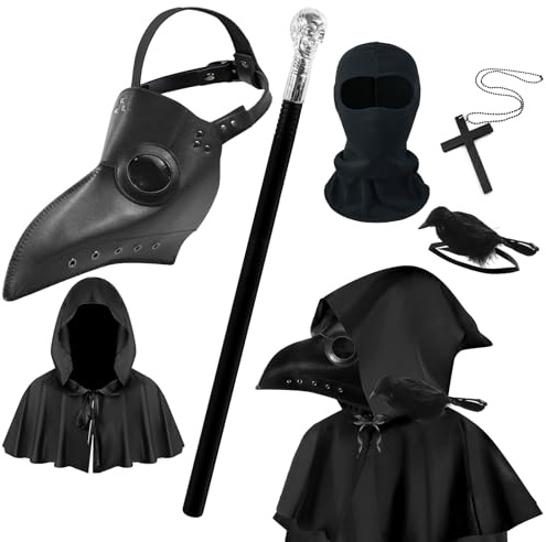Dhnvcud Juego de disfraz de médico de la peste de 6 piezas, máscara de médico de la peste, disfraz de Halloween con capa, collar de cuervo, máscara de cara completa para cosplay, máscaras de Halloween