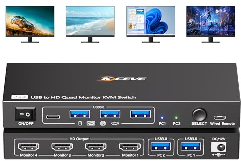 Quad Monitor KVM Switch 4 Monitore 2 Computer 1080P @ 60Hz, USB 3.0 KVM Switch Quad Monitor für 2 PC Share 4 Monitore und 4 USB-Geräte, mit kabelgebundener Fernbedienung und 2 USB-Kabeln