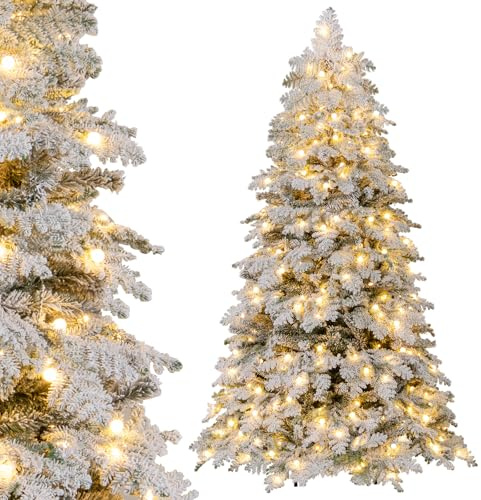 COSTWAY Pre-Lit Snow Flocked Christmas Tree, Hinged Artificial Xmas Tree with Warm-White LED Lights, Mixed Branch Tips, Foldable Metal Stand, Xmas Holiday Decor for Home Office (210 cm)
