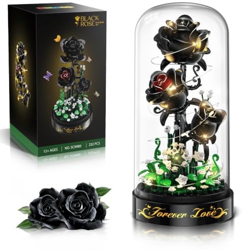 HiWEEGO Blumen Rosen Bausatz mit LED Licht 232 Teile Schwarzer Rosenstrauß | 3.6MM Blumenstrauß Baustein Spielzeug, Botanische Kollektion Valentinstagsgeschenk für Mädchen, Erwachsene und Frauen