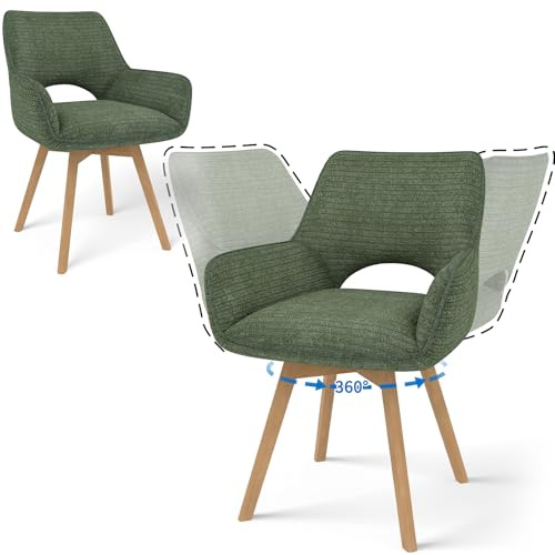 JIJIAN 2er Set Esszimmerstuhl Drehbar mit Armlehne und Holzbeinen, 360° Drehbar, Moderner Polsterstuhl mit Stoffrückenlehne für Küche, Wohnzimmer, Schlafzimmer, Grün