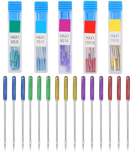 YIPFEN 60 Agujas Máquina de Coser Universales, Juego de 5 Tamaños 65/9 a 110/18 con Sistema de Identificación por Colores, Agujas para Telas Delicadas y Resistentes, Seda y Vaqueros