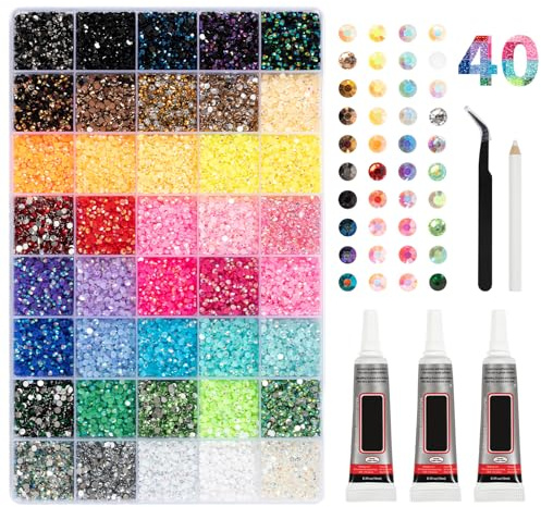 32000Pcs Rhinestones Kit, 40 Colors 3mm Flatback Gems with Pick Up Tweezers and Pen, Rainbow Bedazzling Kit Crystals Nail Art Rhinestones Jewels for DIY Crafts Wedding Graduation Clothes Face Decor