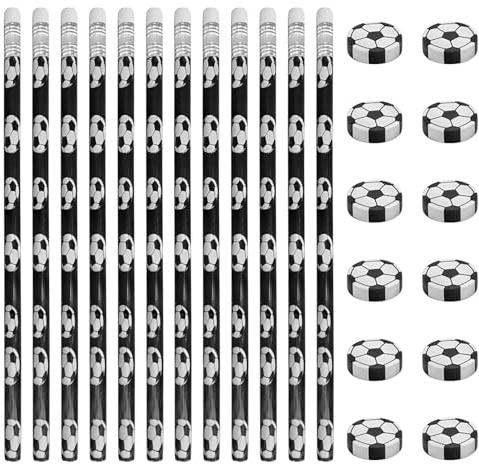 12 Stück Fußball Bleistifte mit 12 Radiergummi Bleistiftanzug, Fuß-ball Mitgebsel Bleistifte für Schule Schreibwaren Gastgeschenke, Fußball-Themen-Gastgeschenke