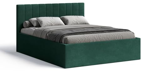 Meblofun Polsterbett RETTAN mit Kopfteil, 160x200 cm, Doppelbett mit Bettkasten und Lattenrost aus Holz, Velourstoff, Farbe: Grün