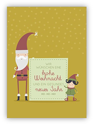 Kartenkaufrausch 1 Süße Retro Wichtel Weihnachtkarte: Wir wünschen eine frohe Weihnacht und ein gesundes Jahr Ho Ho Ho • als nette Weihnachts Karte zu Neujahr, Silvester für Familie und Firma