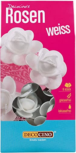 DECOCINO Rosen aus Esspapier Weiß (2 x 8 Stk.)– als essbare Blumen für Hochzeits-Deko & Geburtstags-Deko auf Torten, Kuchen, Cup-Cakes, Muffins!