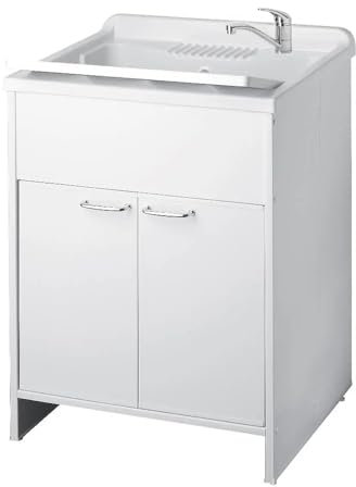 Mobile lavatoio, misura cm.60x50x88, 2 ante, vasca e asse lavapanni, in resina colore bianco, per interno o esterno